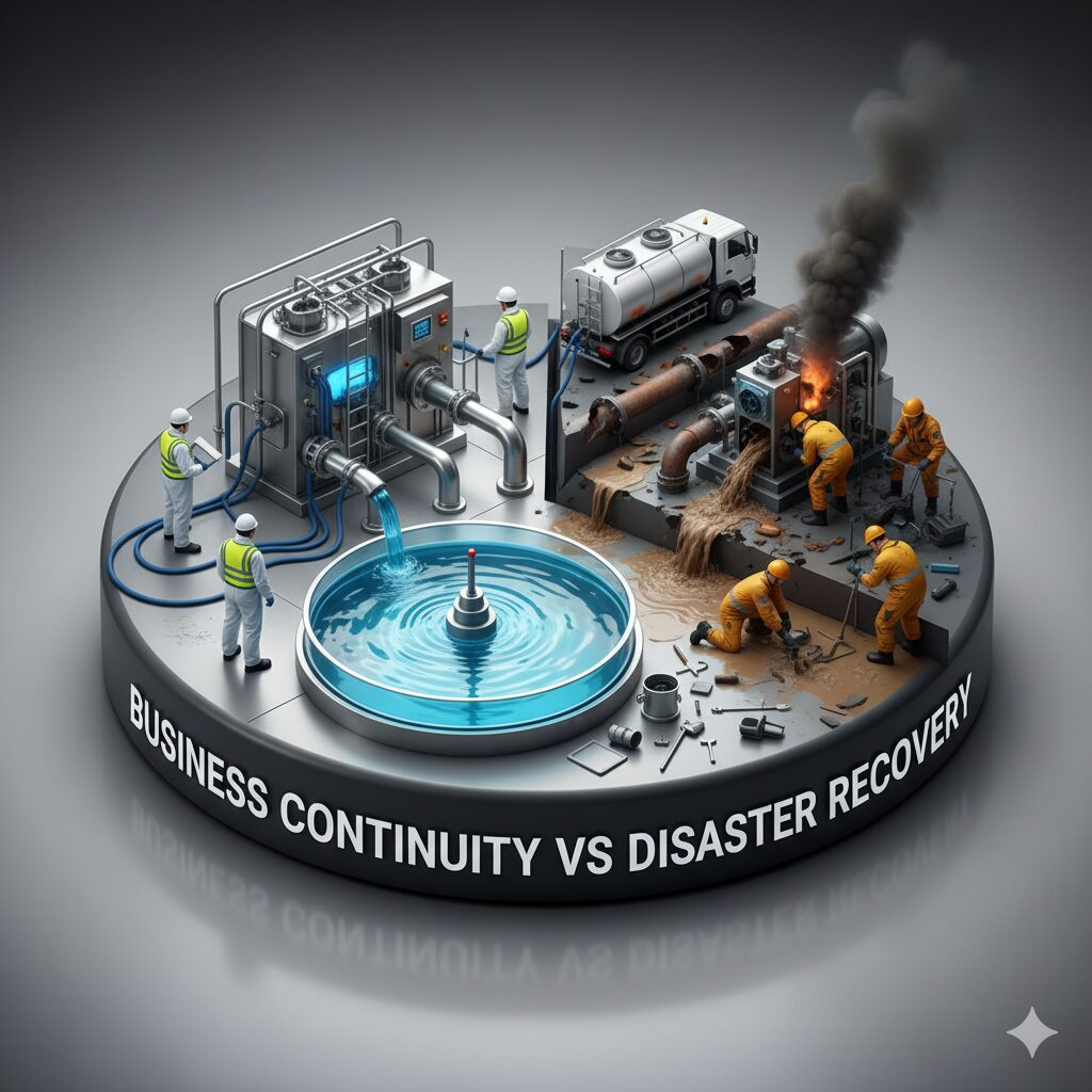 Illustrated pie chart comparing proactive business continuity and reactive disaster recovery for water-intensive operations